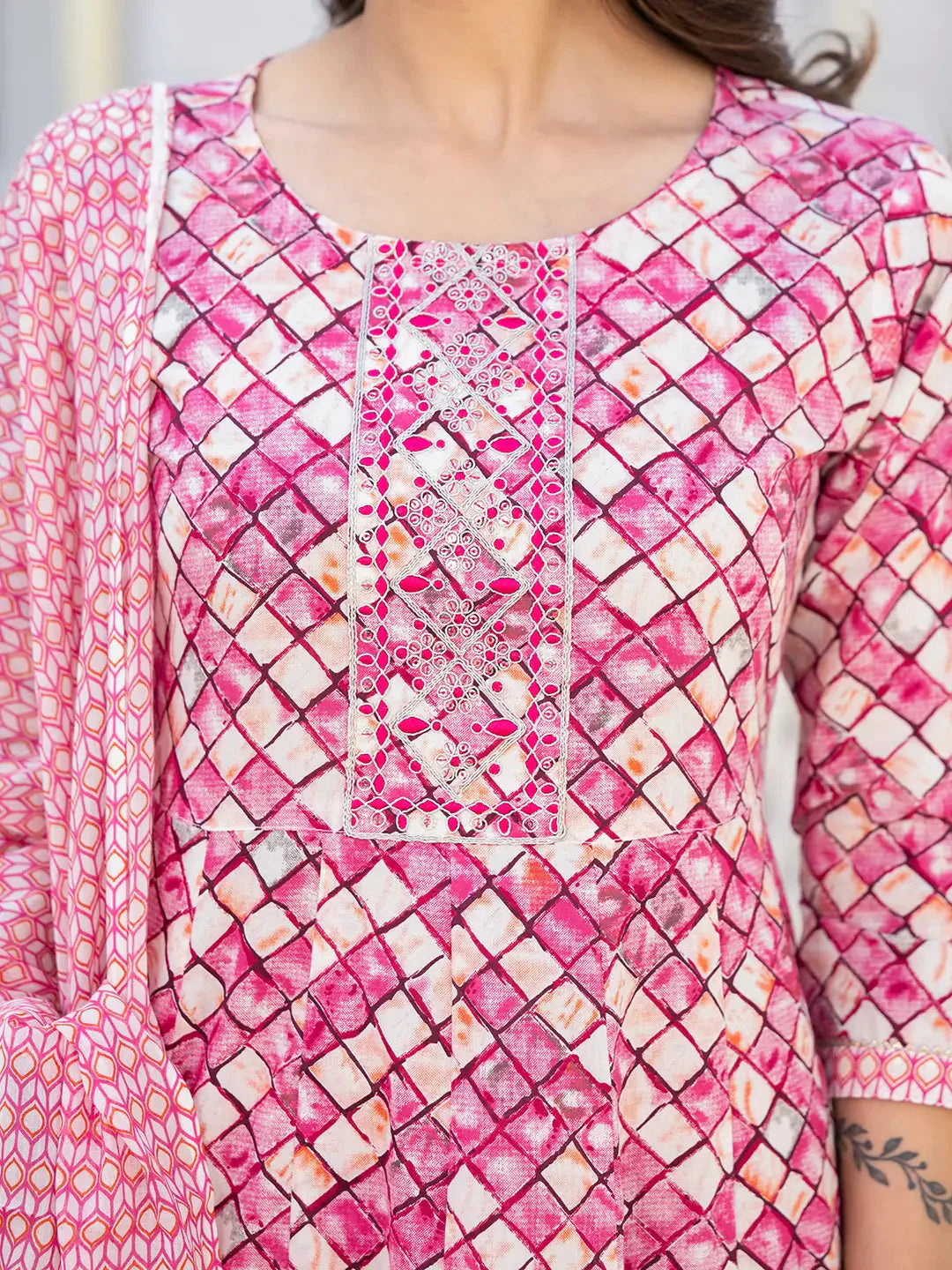 Purple Checkered Print Anarkali Kurta Trouser With Dupatta Set