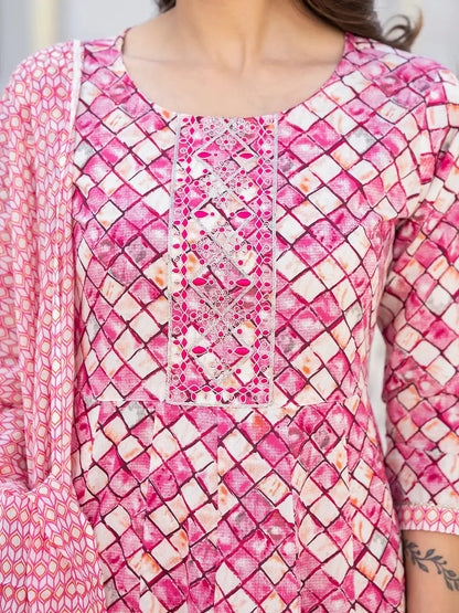 Purple Checkered Print Anarkali Kurta Trouser With Dupatta Set