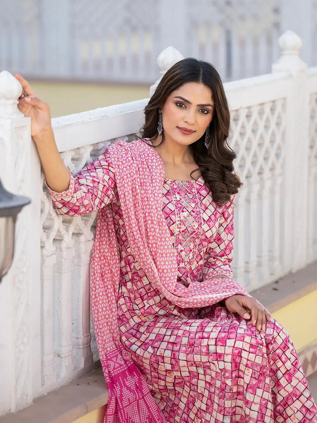 Purple Checkered Print Anarkali Kurta Trouser With Dupatta Set