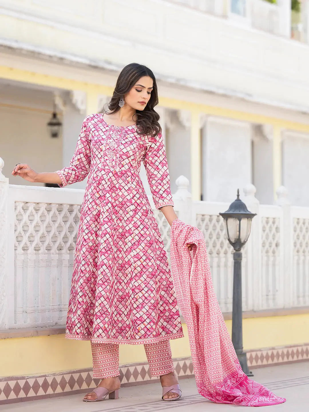 Purple Checkered Print Anarkali Kurta Trouser With Dupatta Set