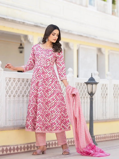 Purple Checkered Print Anarkali Kurta Trouser With Dupatta Set