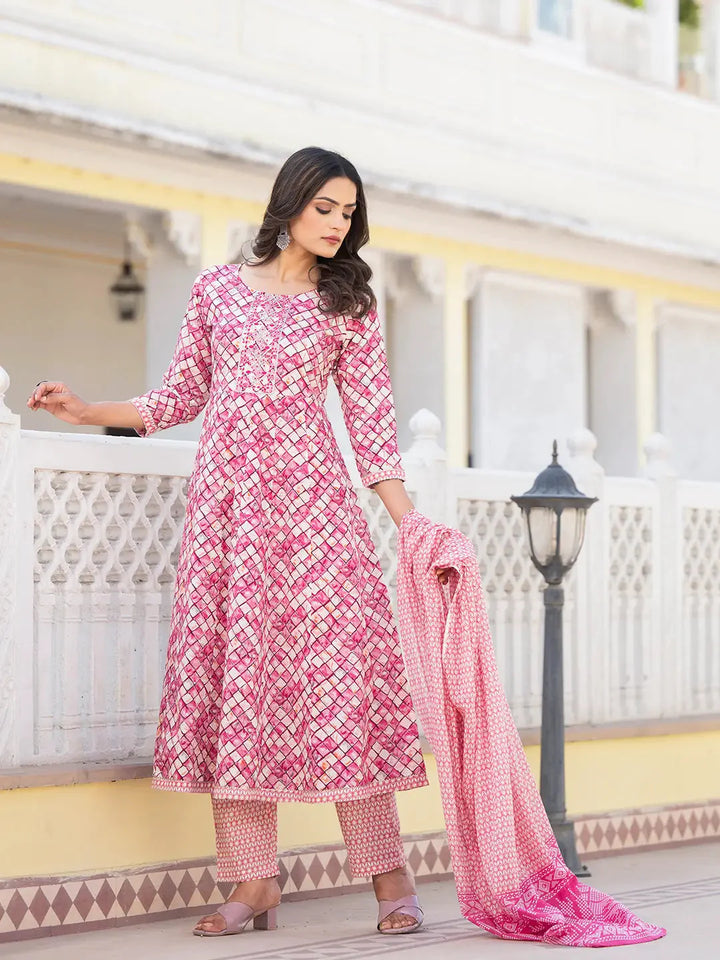 Purple Checkered Print Anarkali Kurta Trouser With Dupatta Set