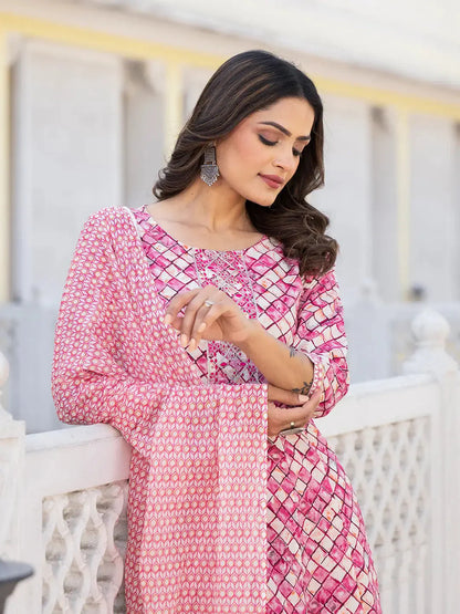 Purple Checkered Print Anarkali Kurta Trouser With Dupatta Set