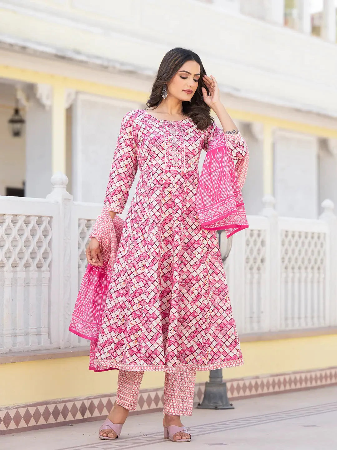 Purple Checkered Print Anarkali Kurta Trouser With Dupatta Set