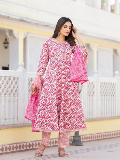 Purple Checkered Print Anarkali Kurta Trouser With Dupatta Set