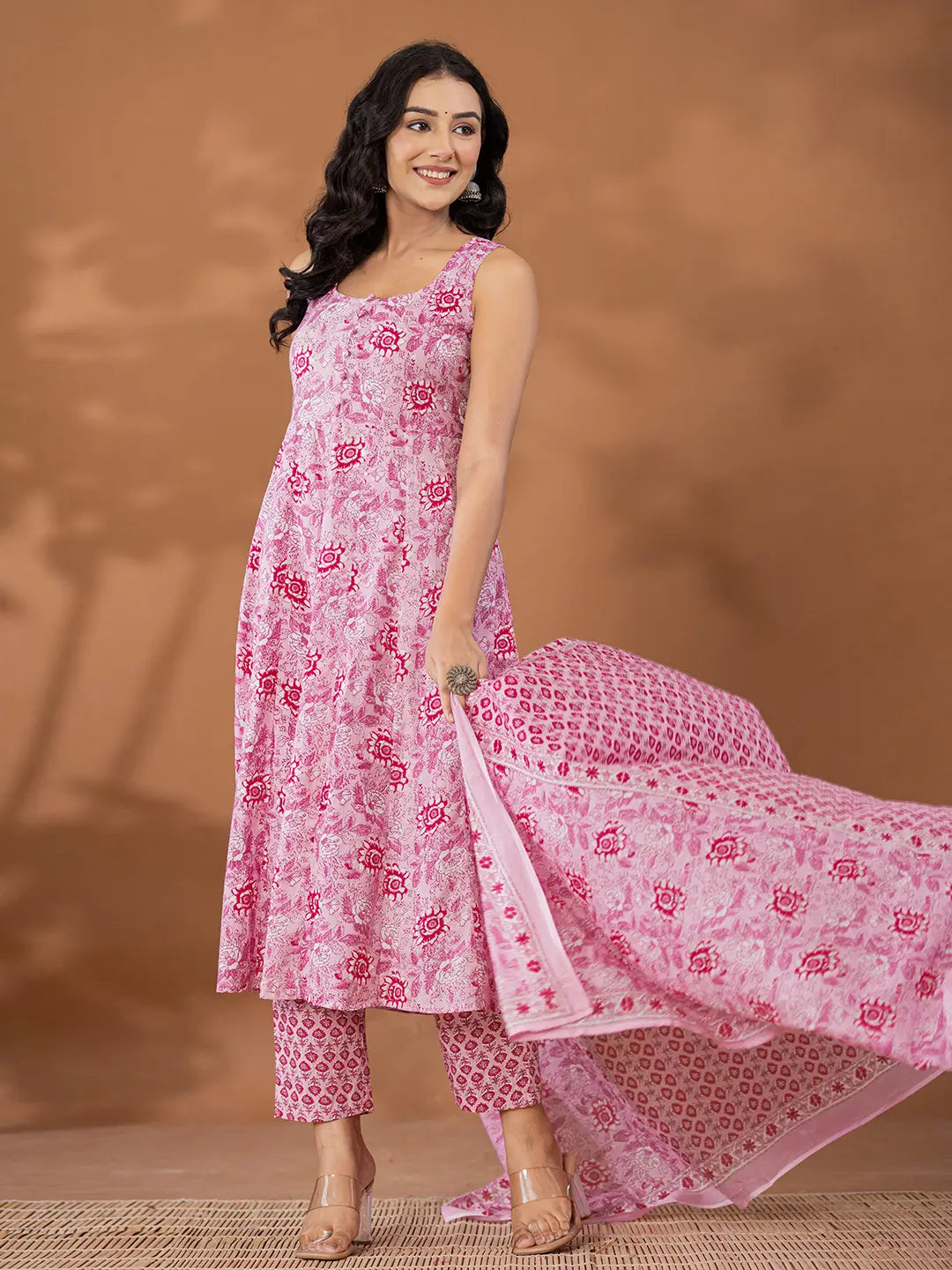 Purple Cotton Anarkali Square Neck Kurta Dupatta Set