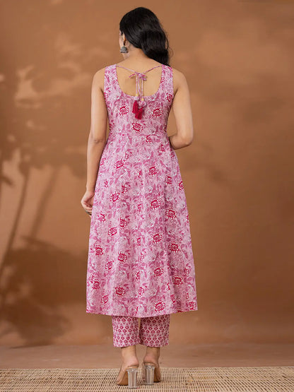 Purple Cotton Anarkali Square Neck Kurta Dupatta Set