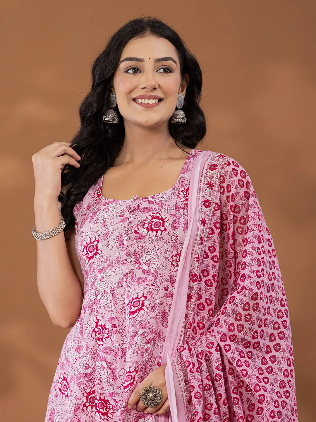 Purple Cotton Anarkali Square Neck Kurta Dupatta Set