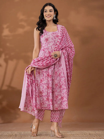 Purple Cotton Anarkali Square Neck Kurta Dupatta Set