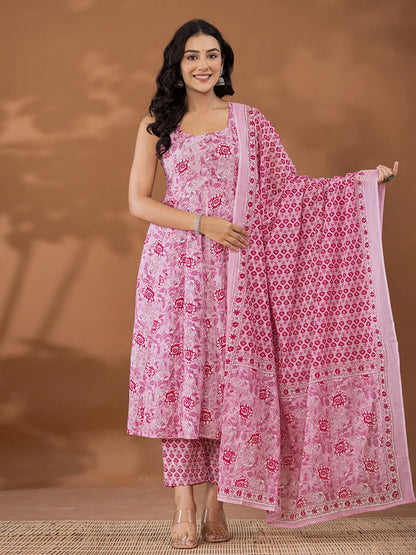 Purple Cotton Anarkali Square Neck Kurta Dupatta Set