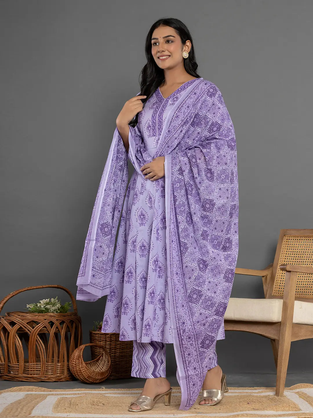 Purple Cotton Ethnic Motifs Kurta Dupatta Set