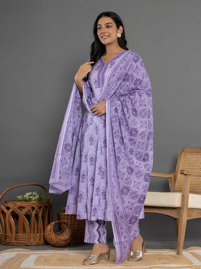 Purple Cotton Ethnic Motifs Kurta Dupatta Set