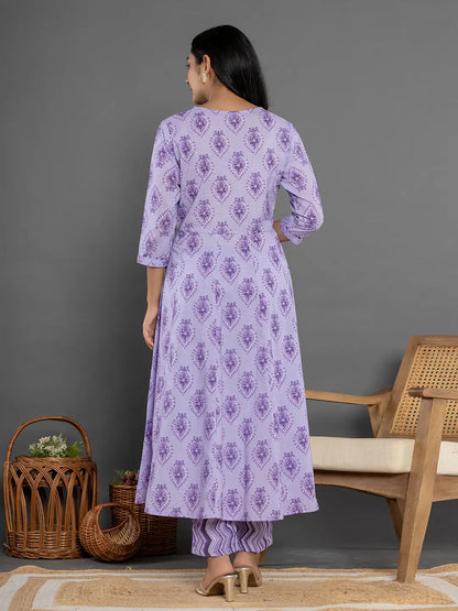 Purple Cotton Ethnic Motifs Kurta Dupatta Set