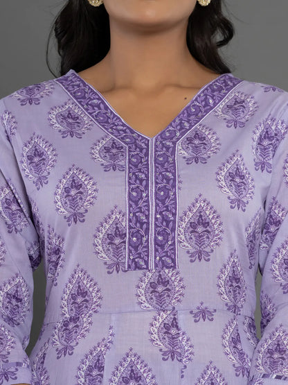Purple Cotton Ethnic Motifs Kurta Dupatta Set
