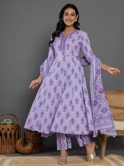 Purple Cotton Ethnic Motifs Kurta Dupatta Set