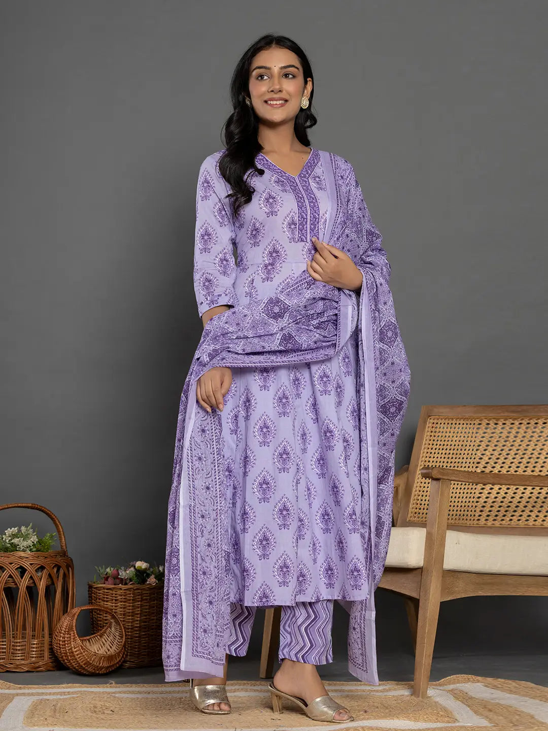 Purple Cotton Ethnic Motifs Kurta Dupatta Set