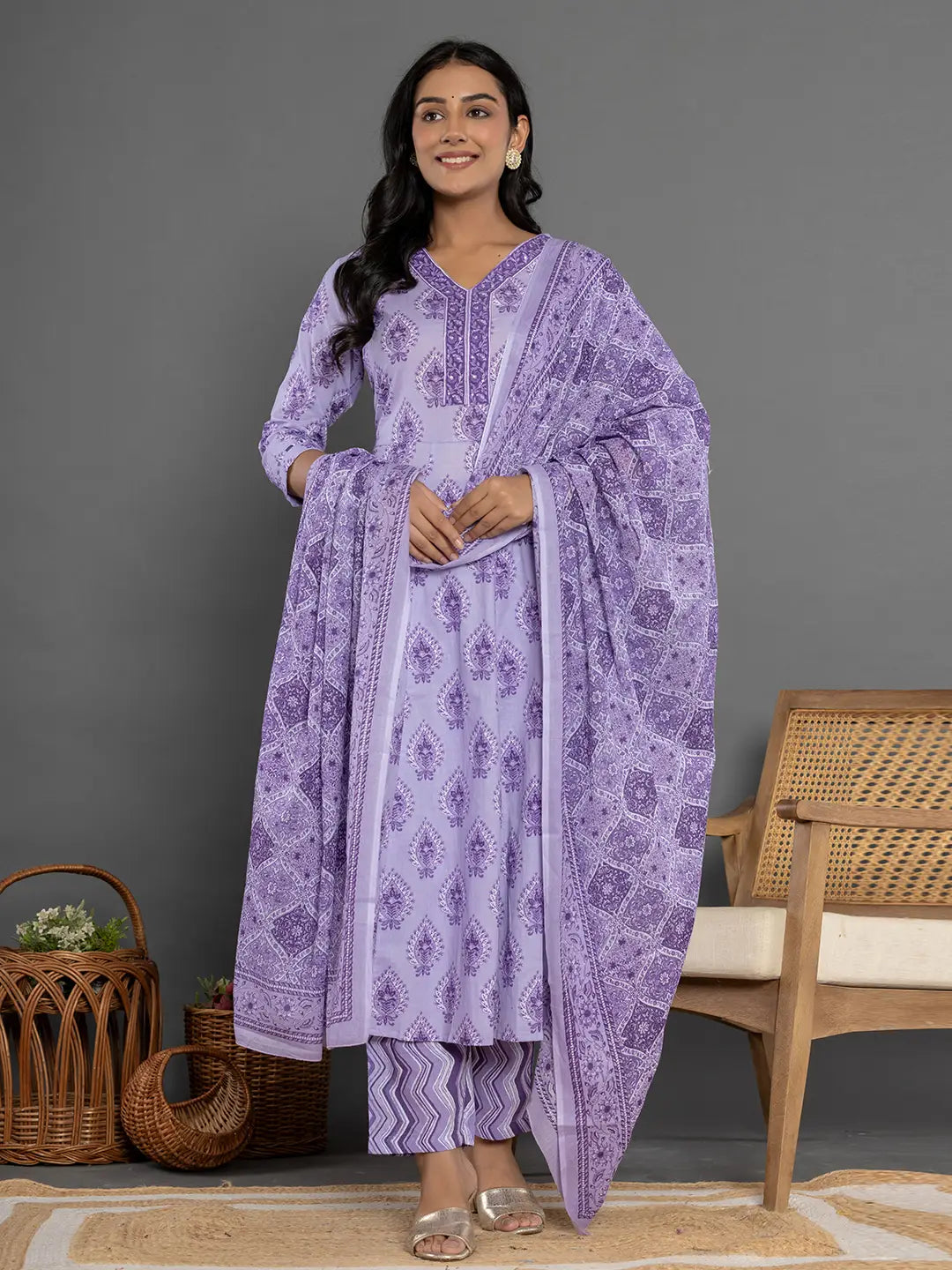 Purple Cotton Ethnic Motifs Kurta Dupatta Set