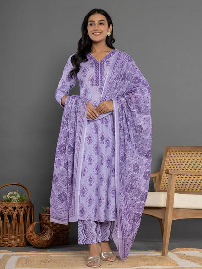 Purple Cotton Ethnic Motifs Kurta Dupatta Set