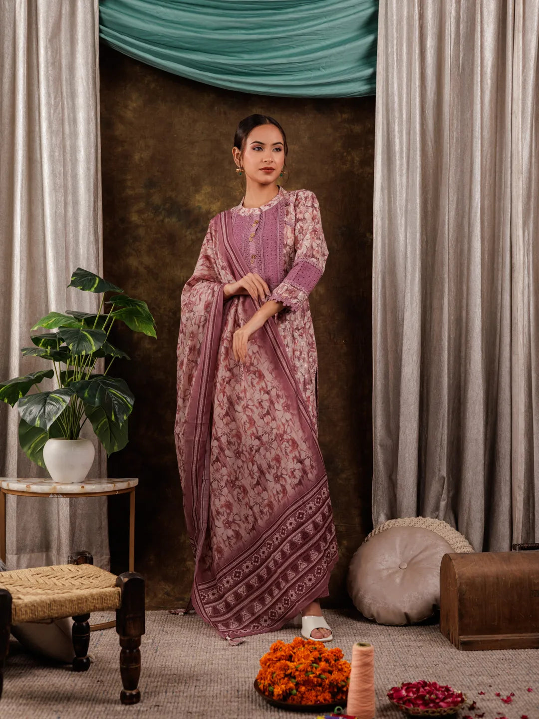 Purple Cotton Schiffli Kurta Dupatta Set With Lace Detailing