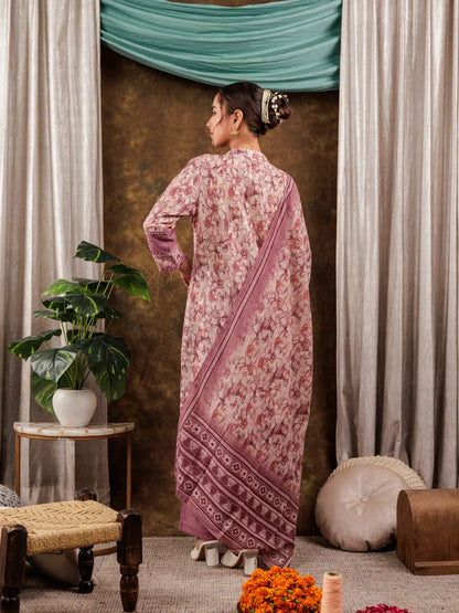 Purple Cotton Schiffli Kurta Dupatta Set With Lace Detailing