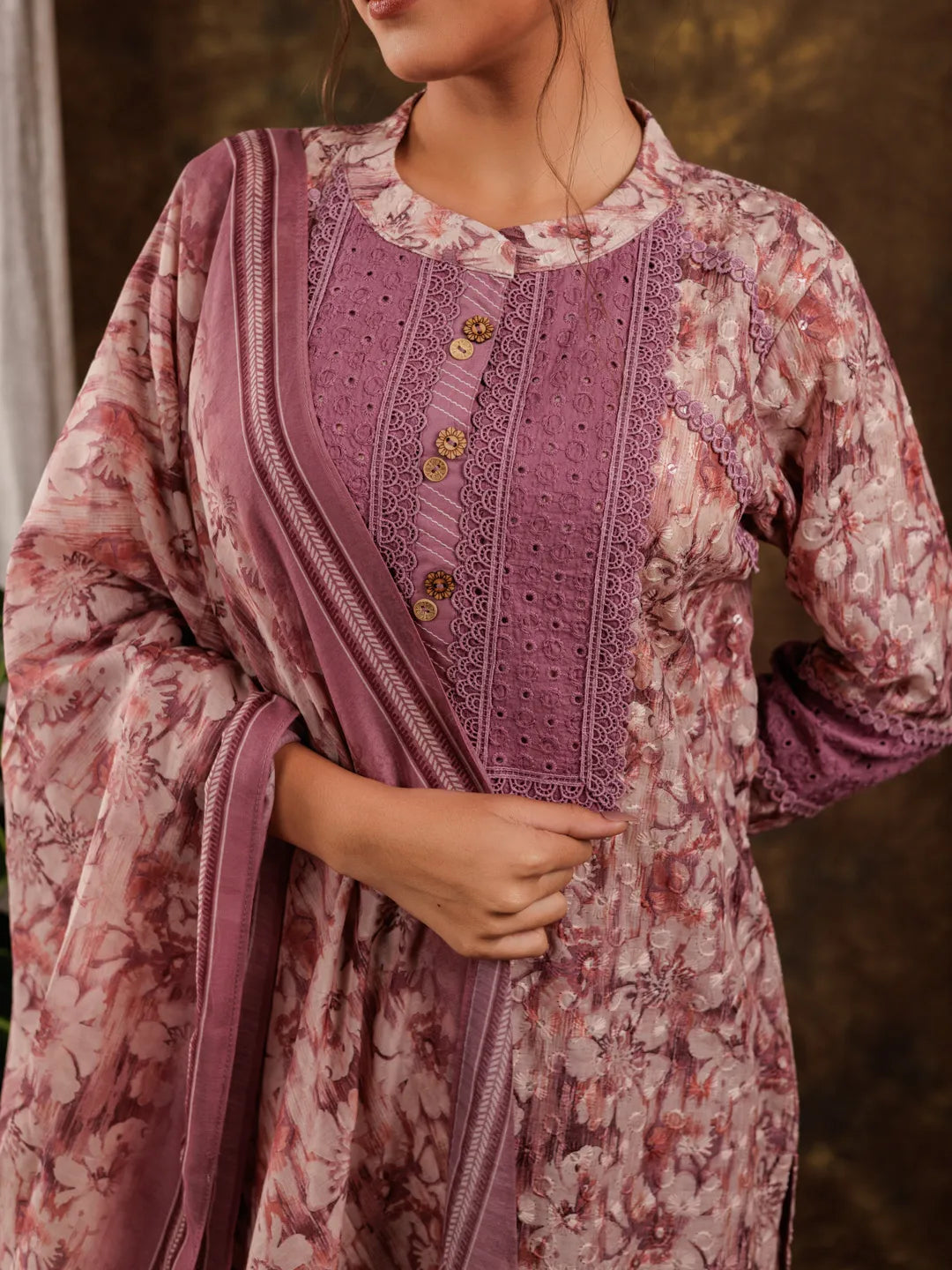 Purple Cotton Schiffli Kurta Dupatta Set With Lace Detailing