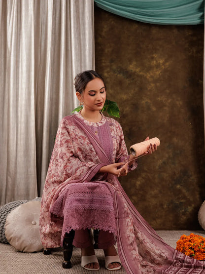 Purple Cotton Schiffli Kurta Dupatta Set With Lace Detailing
