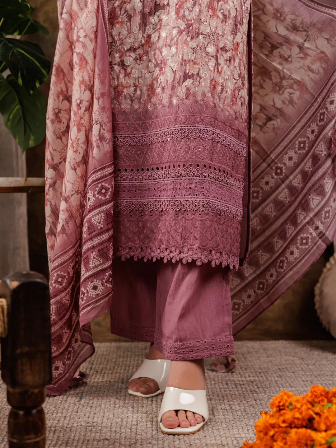 Purple Cotton Schiffli Kurta Dupatta Set With Lace Detailing