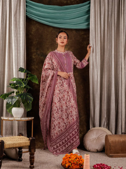 Purple Cotton Schiffli Kurta Dupatta Set With Lace Detailing