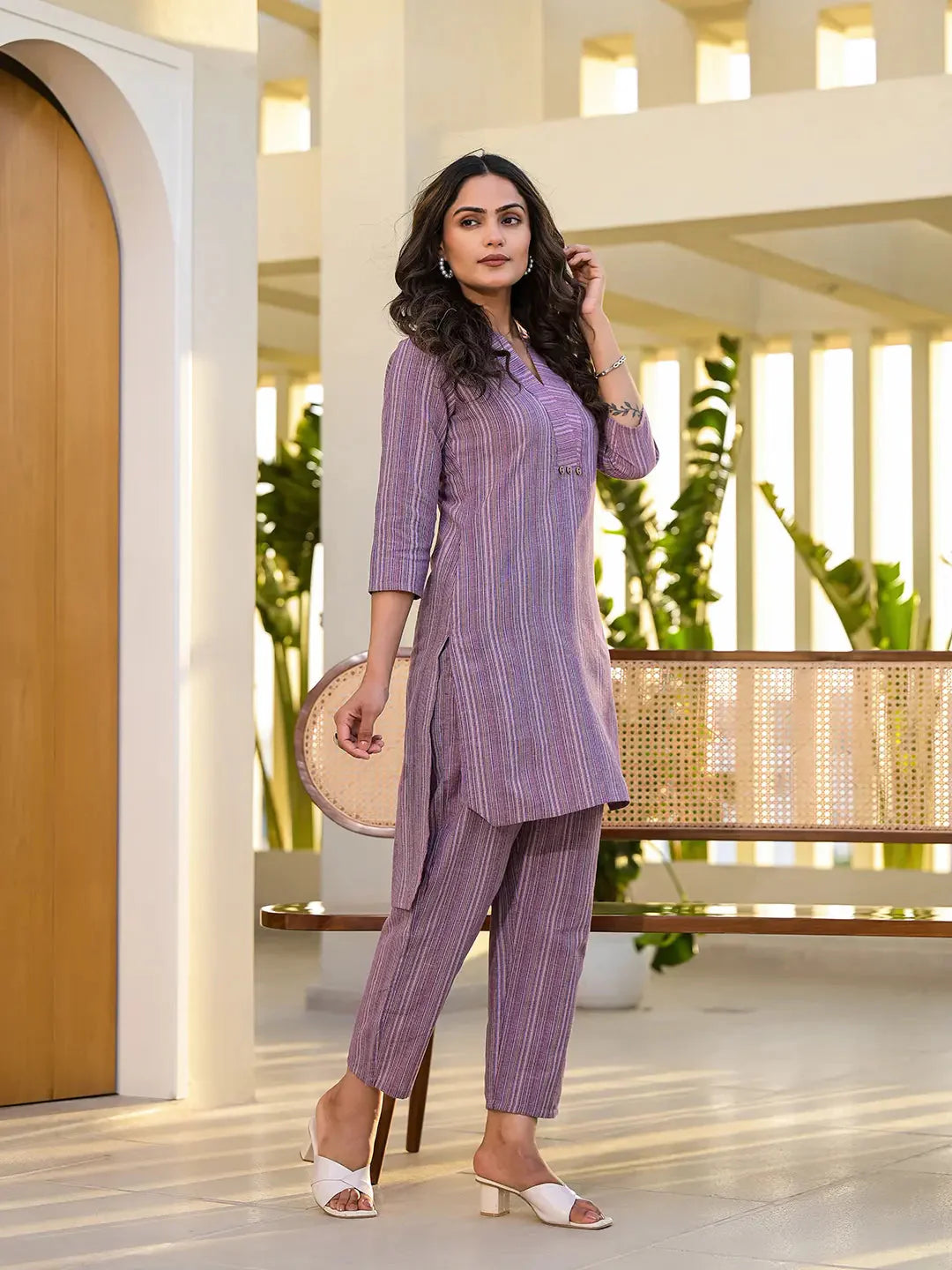 Purple Cotton Striped Print Co Ord Set