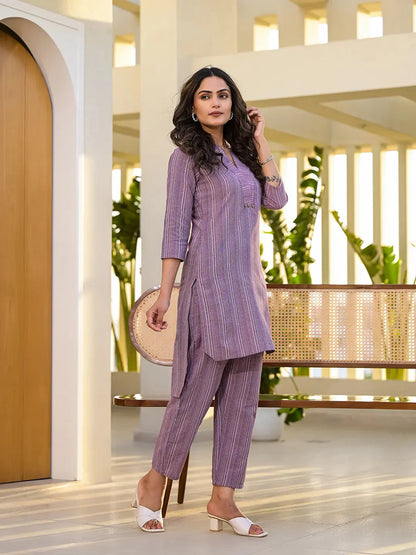 Purple Cotton Striped Print Co Ord Set