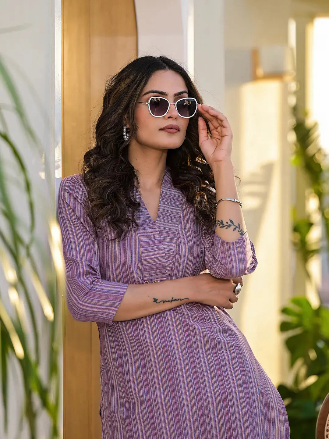 Purple Cotton Striped Print Co Ord Set