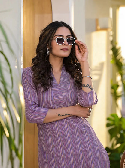 Purple Cotton Striped Print Co Ord Set