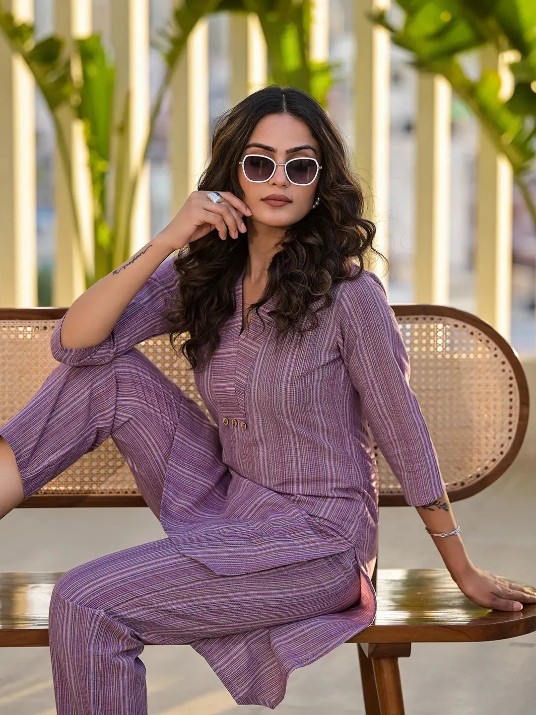 Purple Cotton Striped Print Co Ord Set