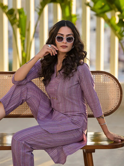 Purple Cotton Striped Print Co Ord Set