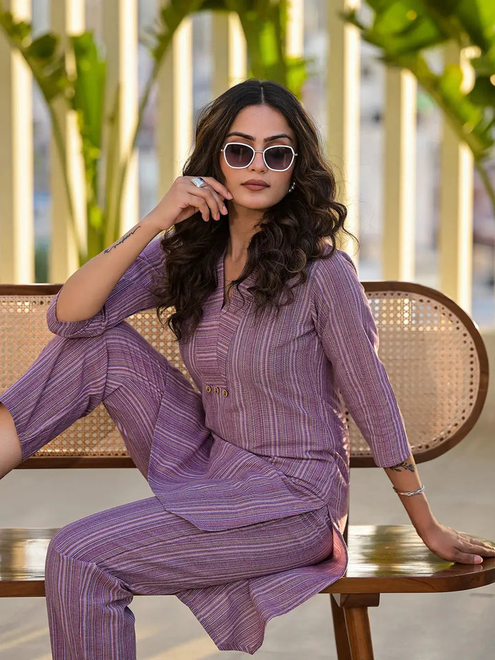 Purple Cotton Striped Print Co Ord Set