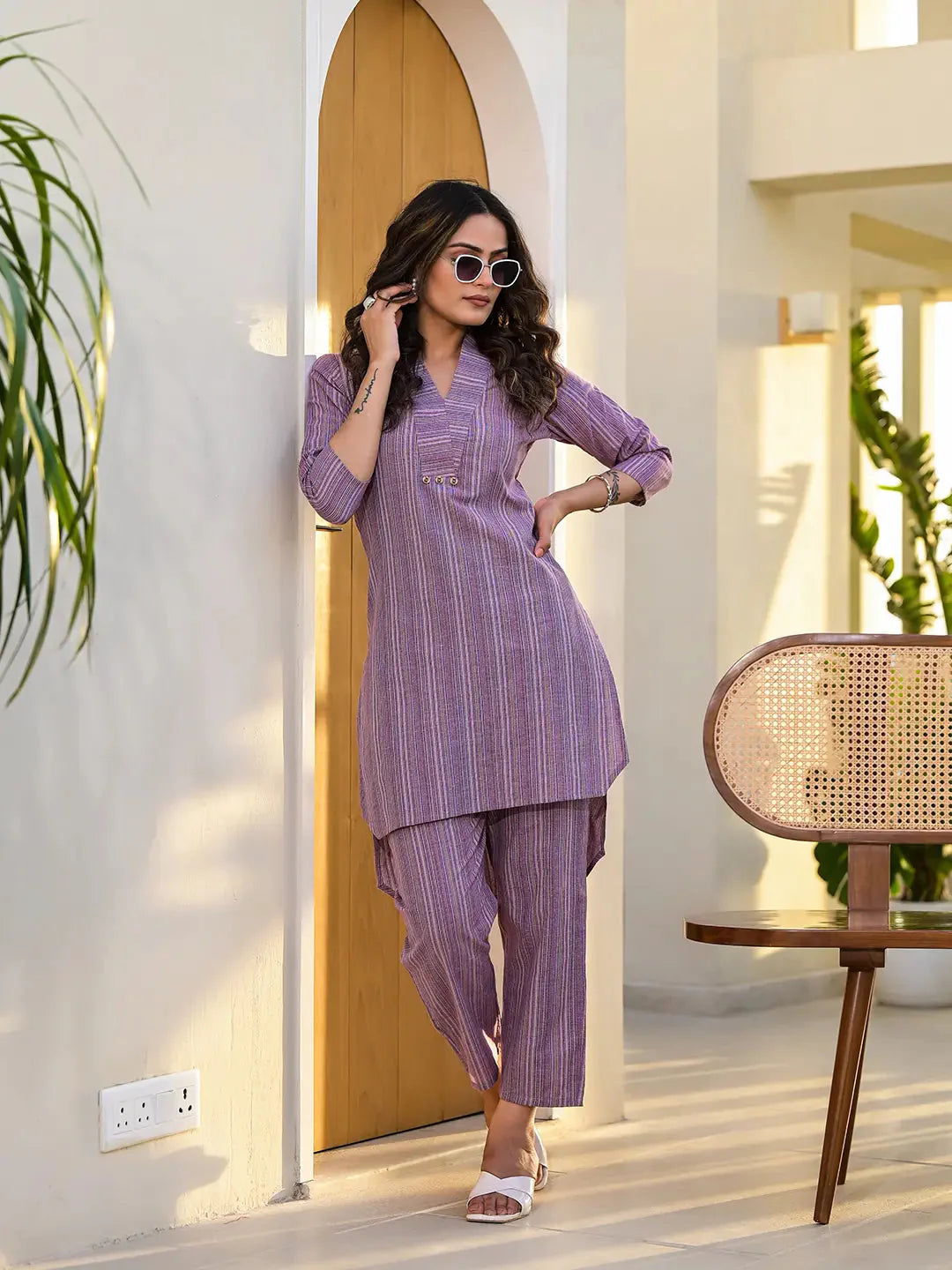 Purple Cotton Striped Print Co Ord Set