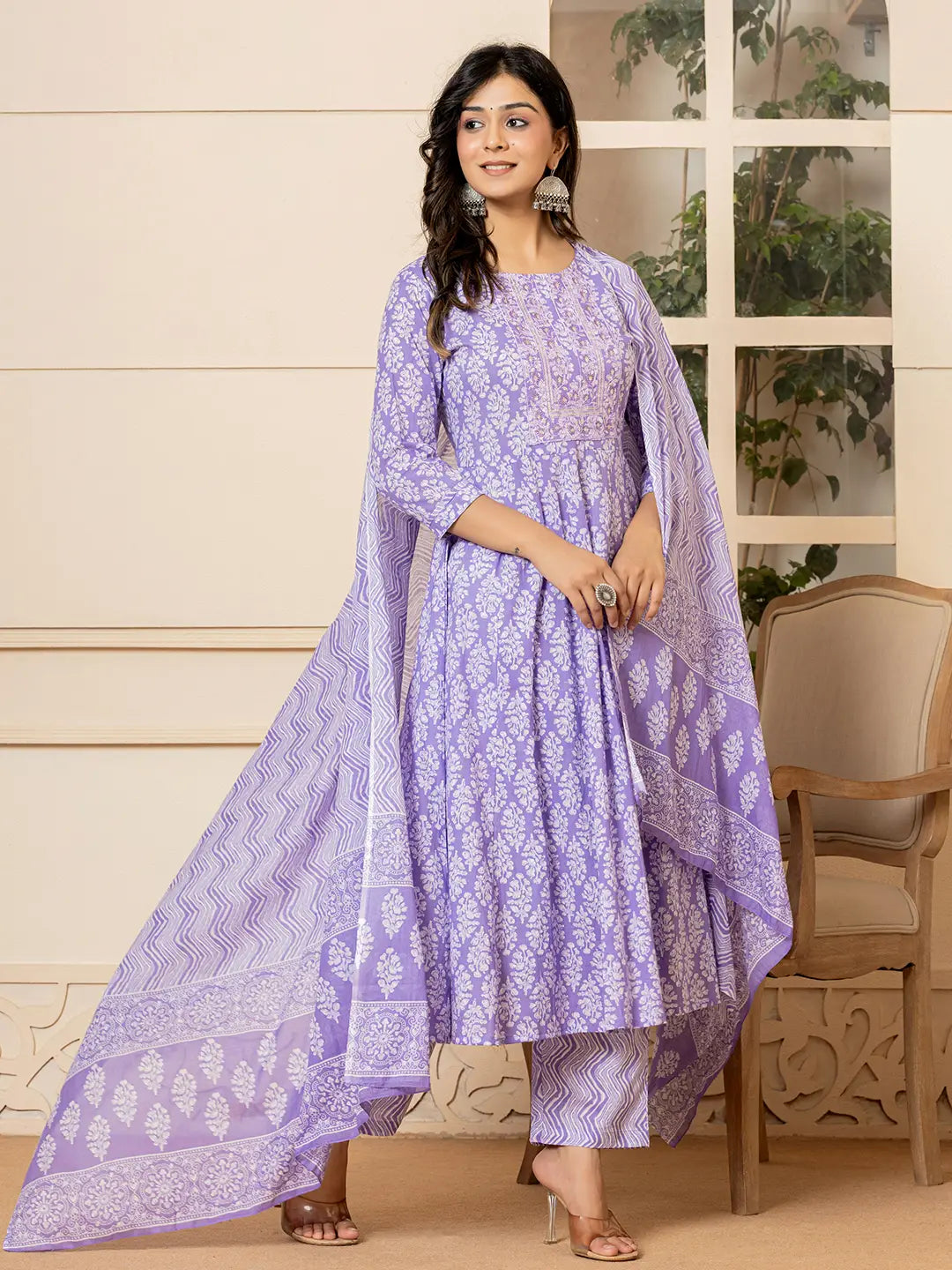 Embroidered Pure Cotton Anarkali Kurta Trouser With Dupatta Set