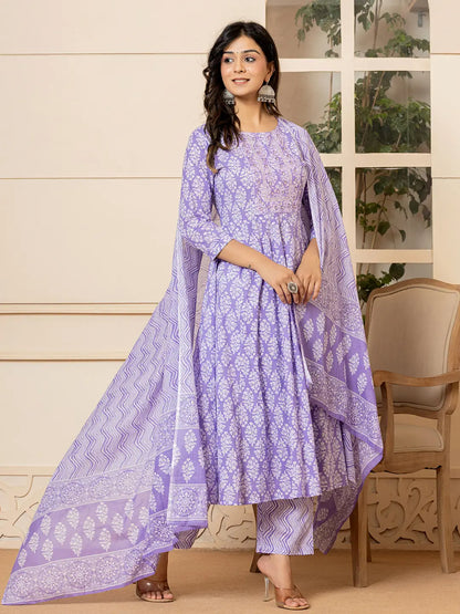 Embroidered Pure Cotton Anarkali Kurta Trouser With Dupatta Set