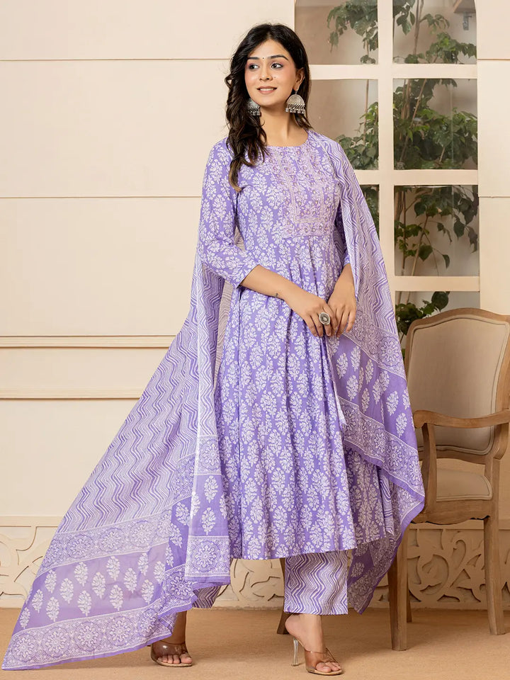 Embroidered Pure Cotton Anarkali Kurta Trouser With Dupatta Set