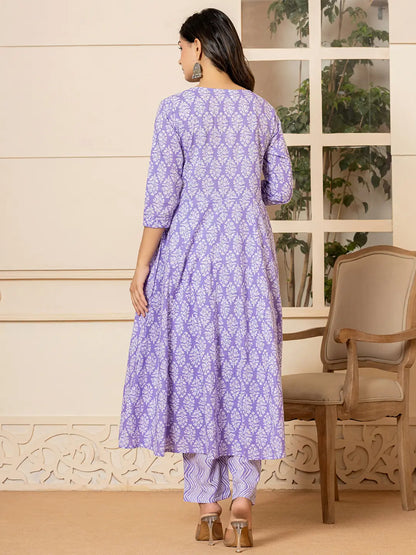 Embroidered Pure Cotton Anarkali Kurta Trouser With Dupatta Set