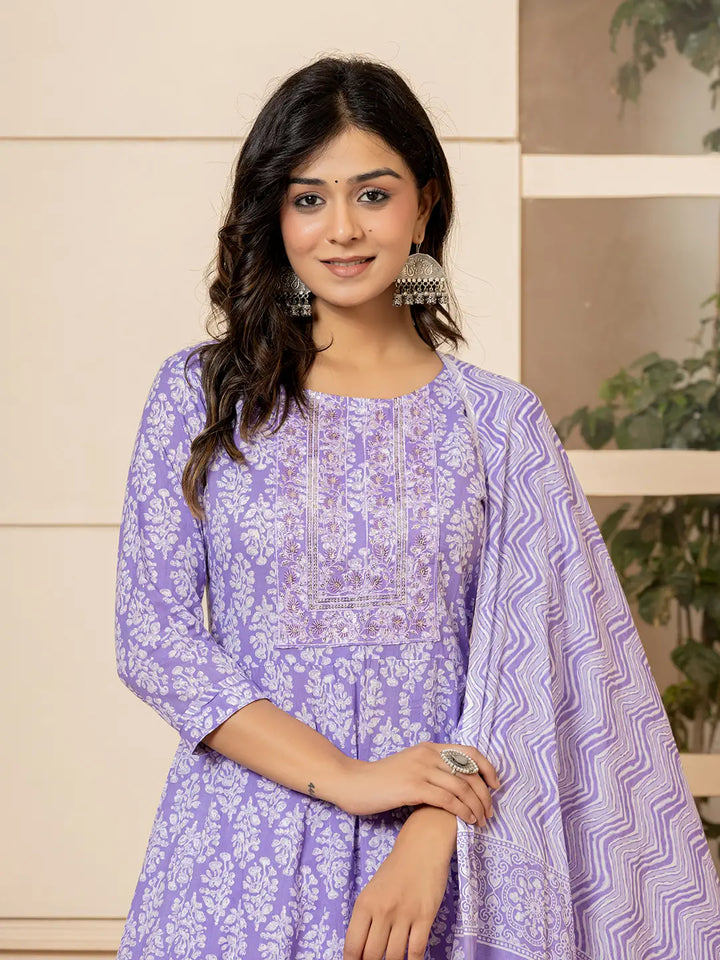 Embroidered Pure Cotton Anarkali Kurta Trouser With Dupatta Set