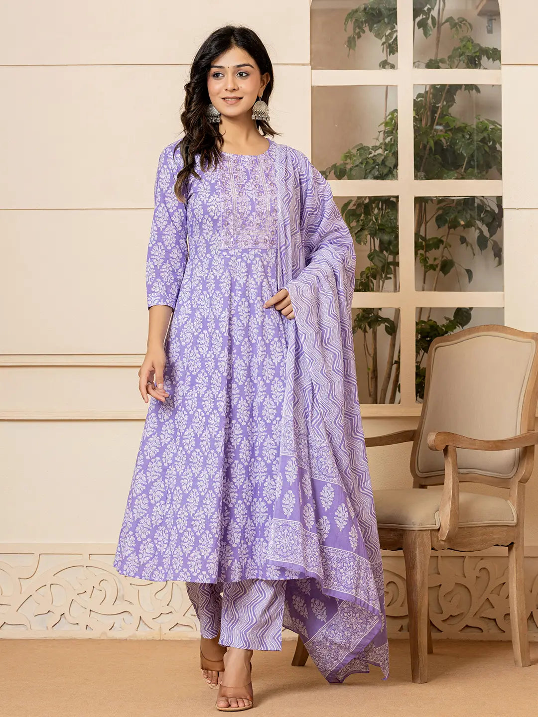 Embroidered Pure Cotton Anarkali Kurta Trouser With Dupatta Set
