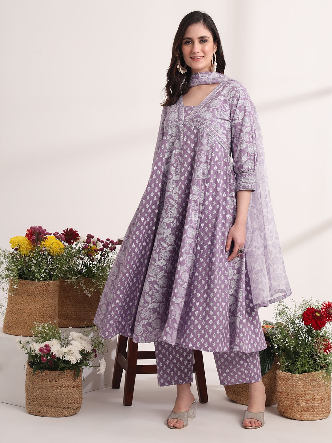 Purple Ethnic Motifs Cotton Kurta Dupatta Set