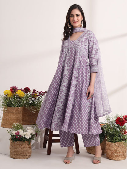 Purple Ethnic Motifs Cotton Kurta Dupatta Set