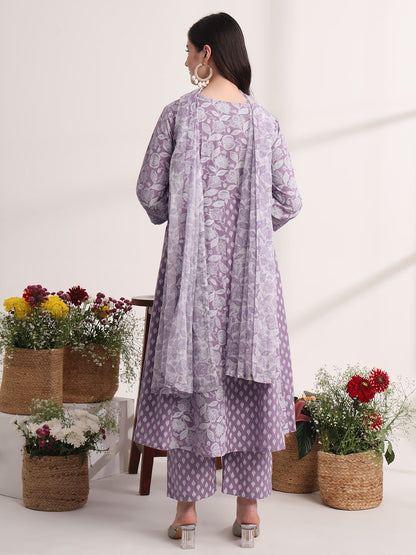 Purple Ethnic Motifs Cotton Kurta Dupatta Set