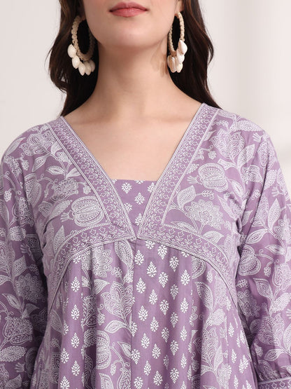 Purple Ethnic Motifs Cotton Kurta Dupatta Set