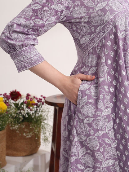 Purple Ethnic Motifs Cotton Kurta Dupatta Set