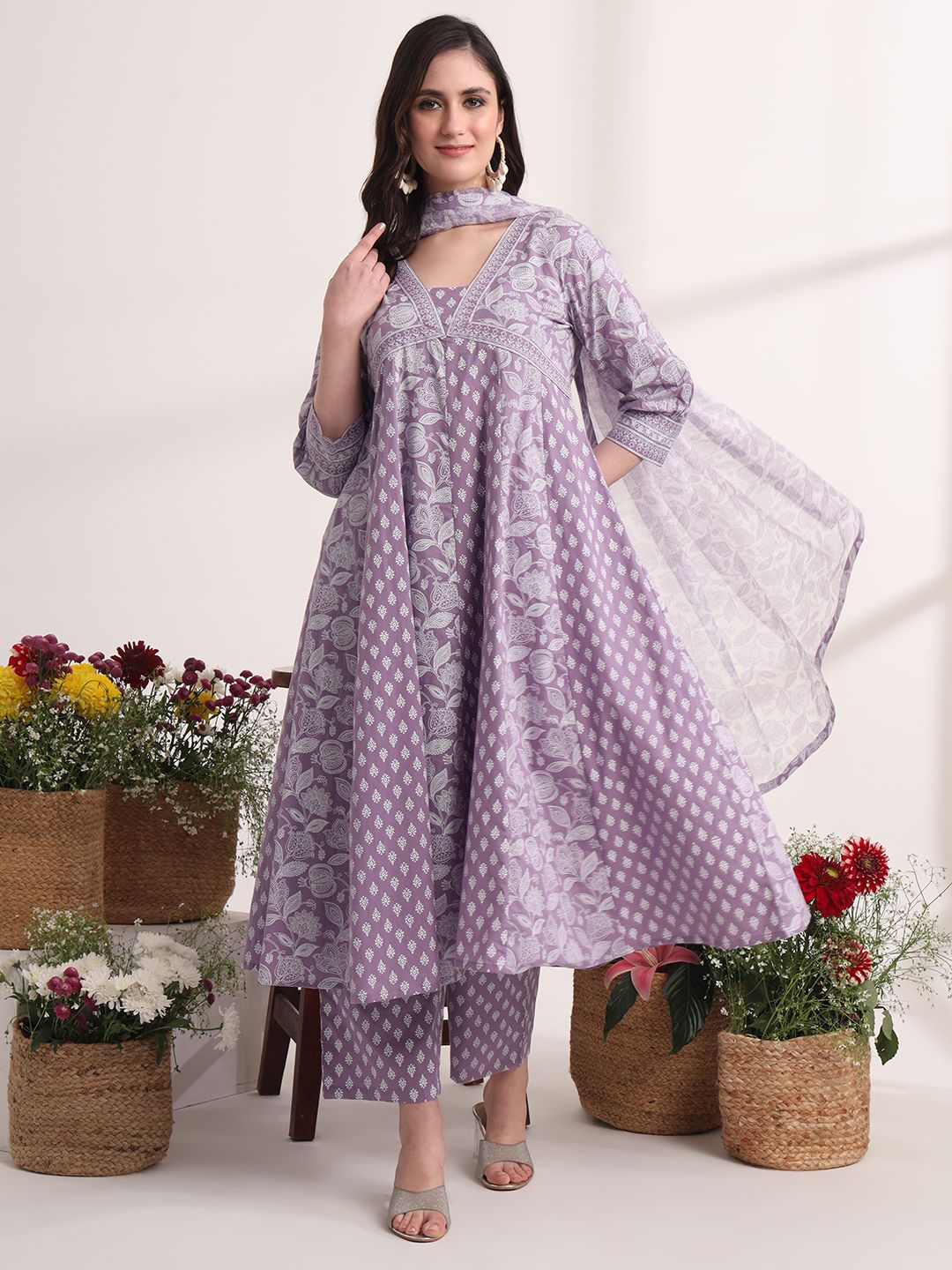 Purple Ethnic Motifs Cotton Kurta Dupatta Set