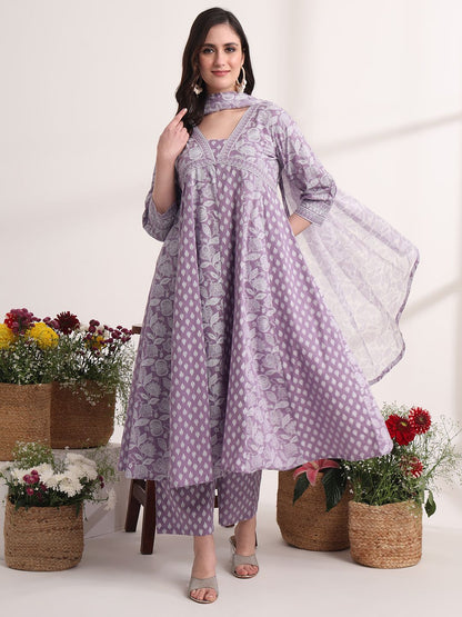 Purple Ethnic Motifs Cotton Kurta Dupatta Set