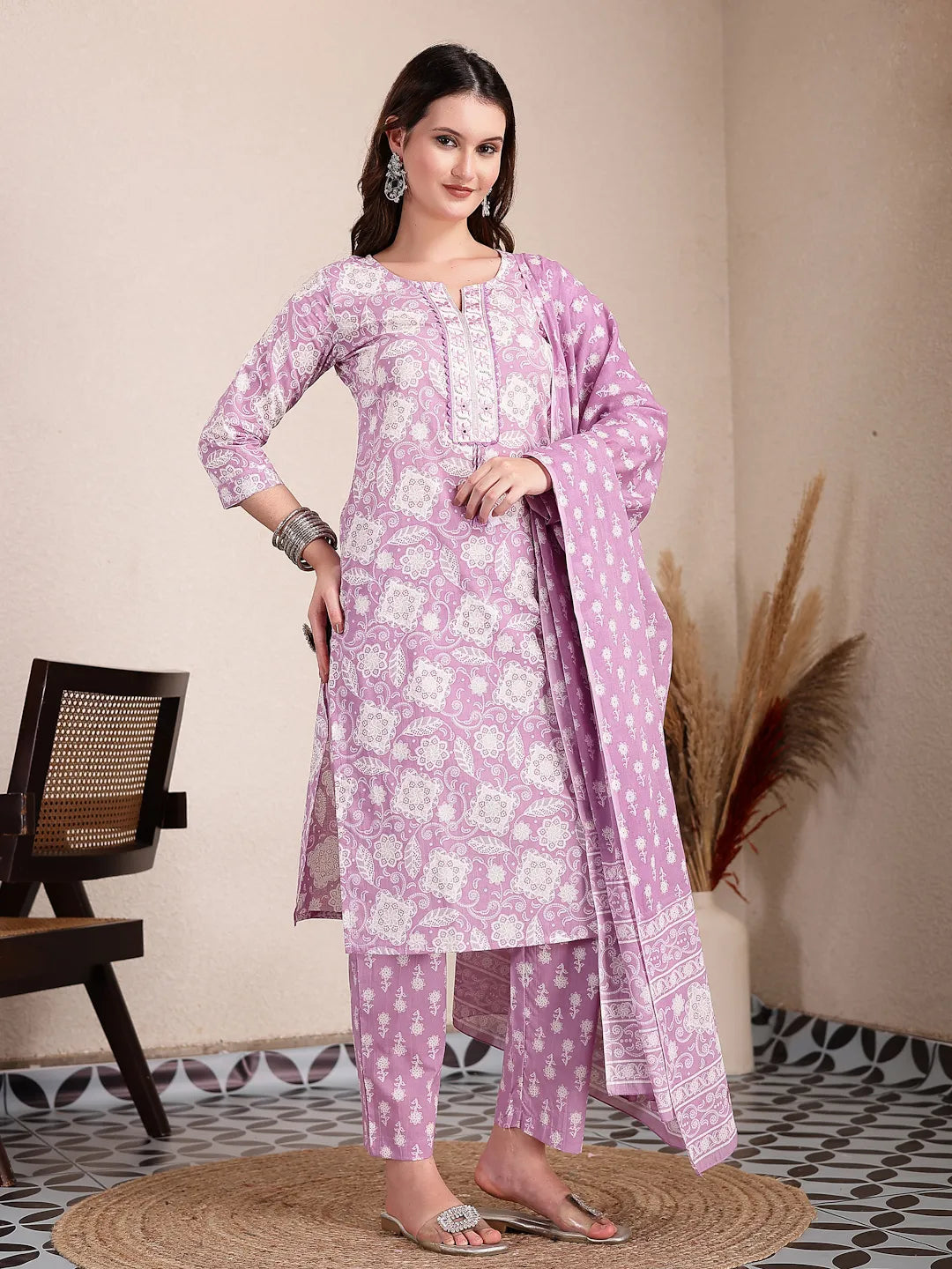Purple Ethnic Motifs Print Straight Kurta Trouser Dupatta Set